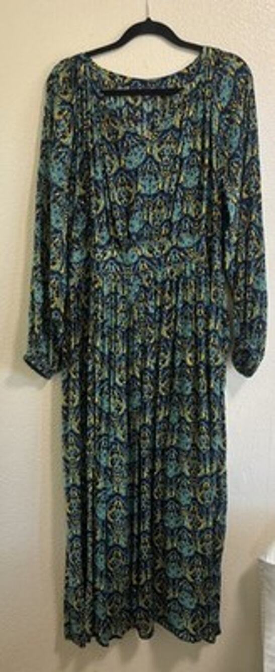 Roaman's Maxi Dress Blue Green Paisley Boho Rayon Long Sleeve Plus Size 18/20